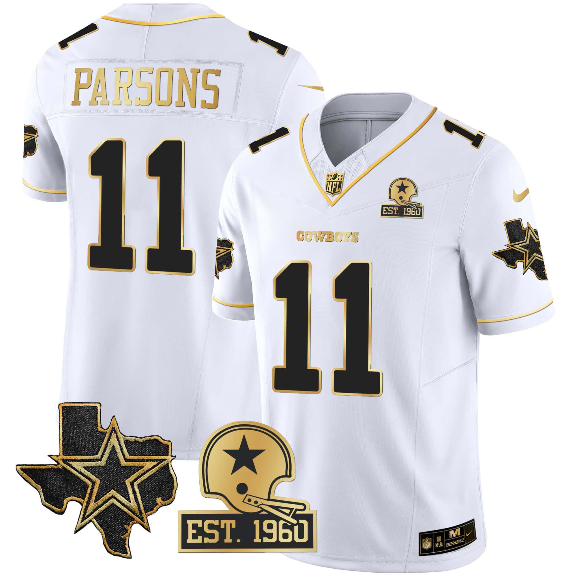 Men Dallas Cowboys 11 Parsons White Gold 2024 Nike Patch Vapor NFL Jersey